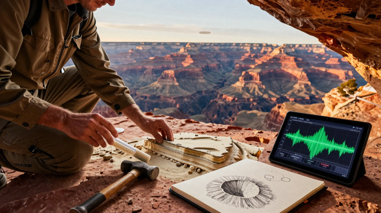 Geólogo a explorar fósseis em pedra no Grand Canyon com desenhos e tablet com ondas sonoras.
