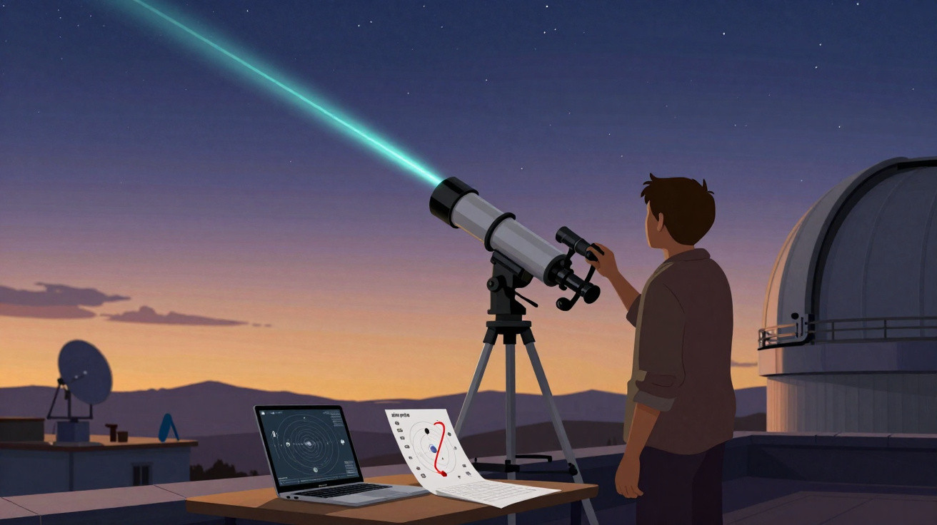 Pessoa a observar estrelas com um telescópio ao entardecer, com equipamento de astronomia numa mesa.