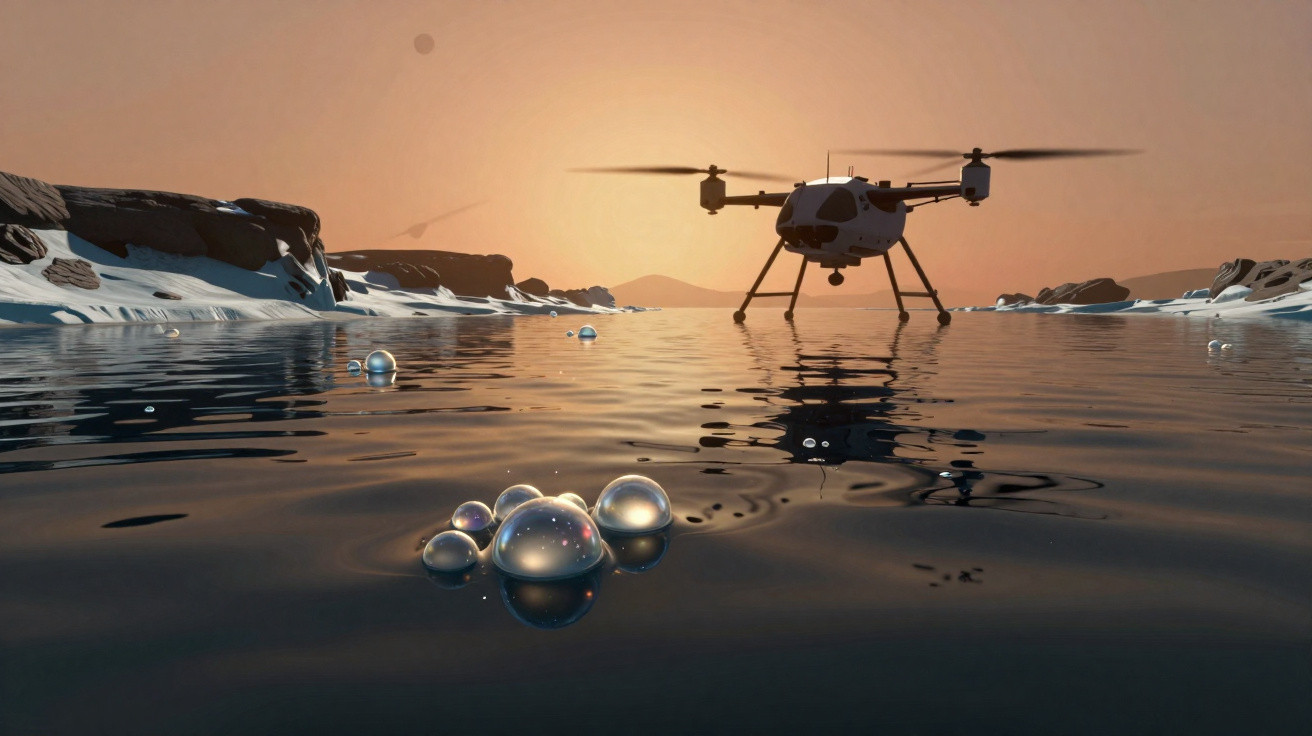 Drone a sobrevoar água gelada com bolhas à superfície e montanhas rochosas ao fundo ao pôr do sol.