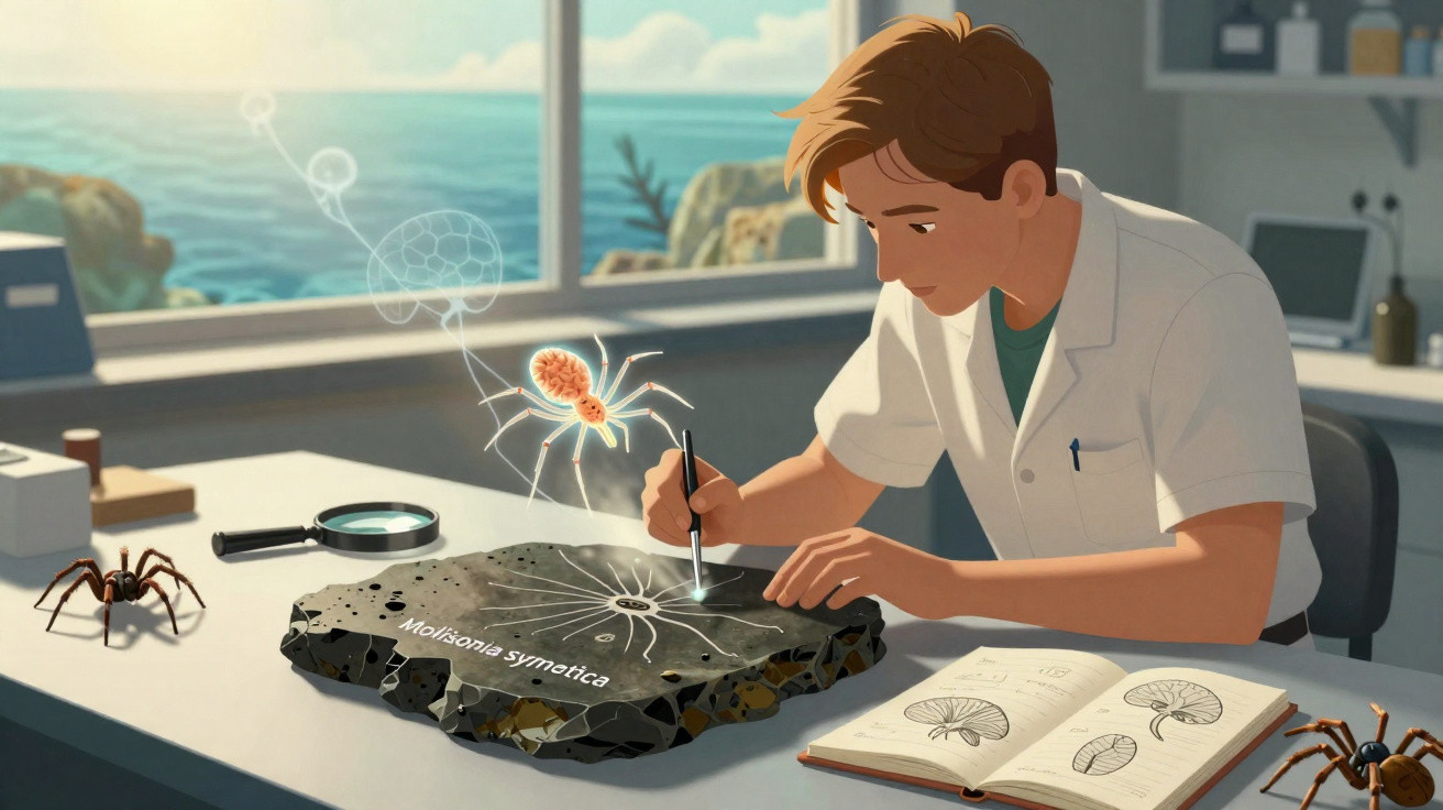 Cientista estuda fóssil de aranha Molísonia symmetica com gravuras e anotações num laboratório à beira-mar.