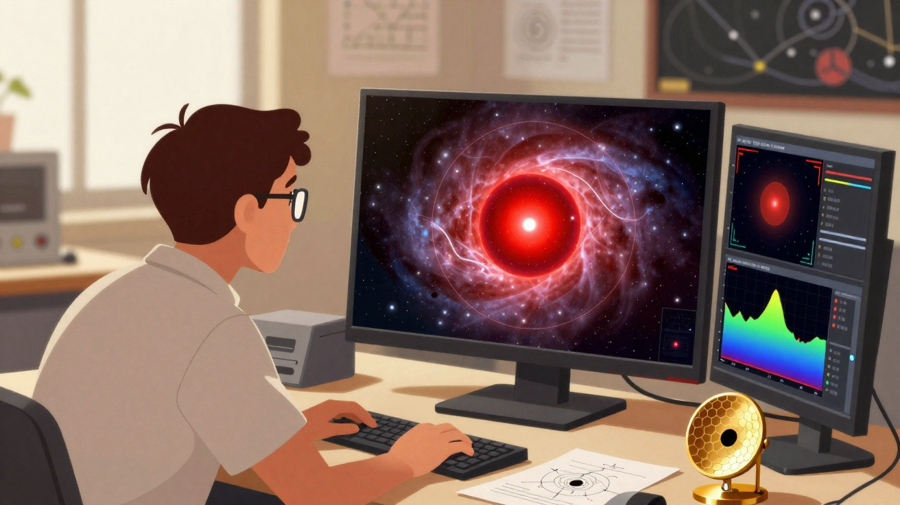 Homem a analisar imagens de uma estrela vermelha com gráficos científicos em monitores no escritório.