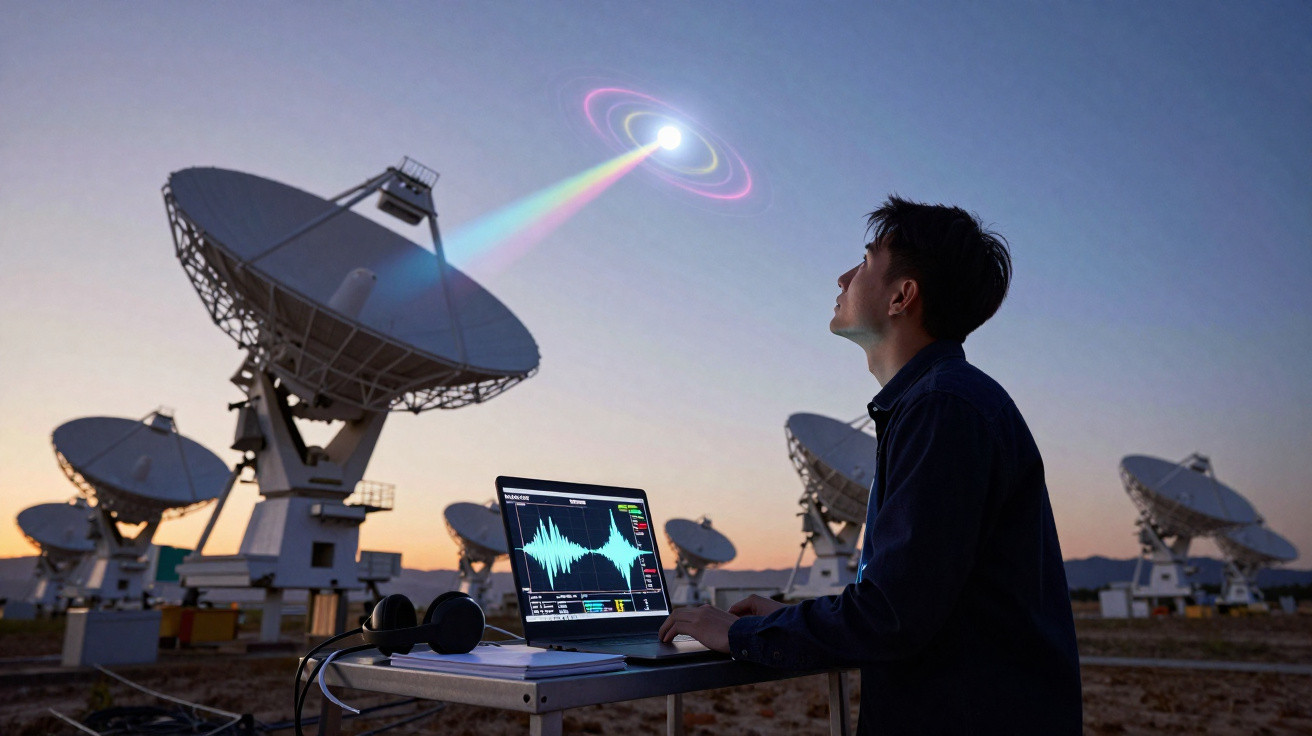 Pessoa a observar rádio telescópios ao pôr do sol, com gráfico de ondas num computador portátil.