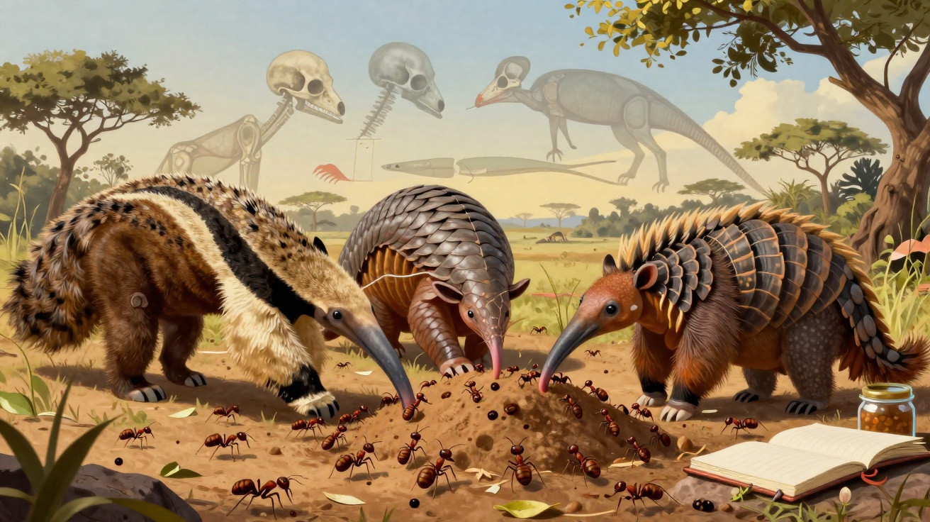 Ilustração de tamanduás com diferentes peles a observar formigas numa colónia, com esqueletos e crânios em fundo.