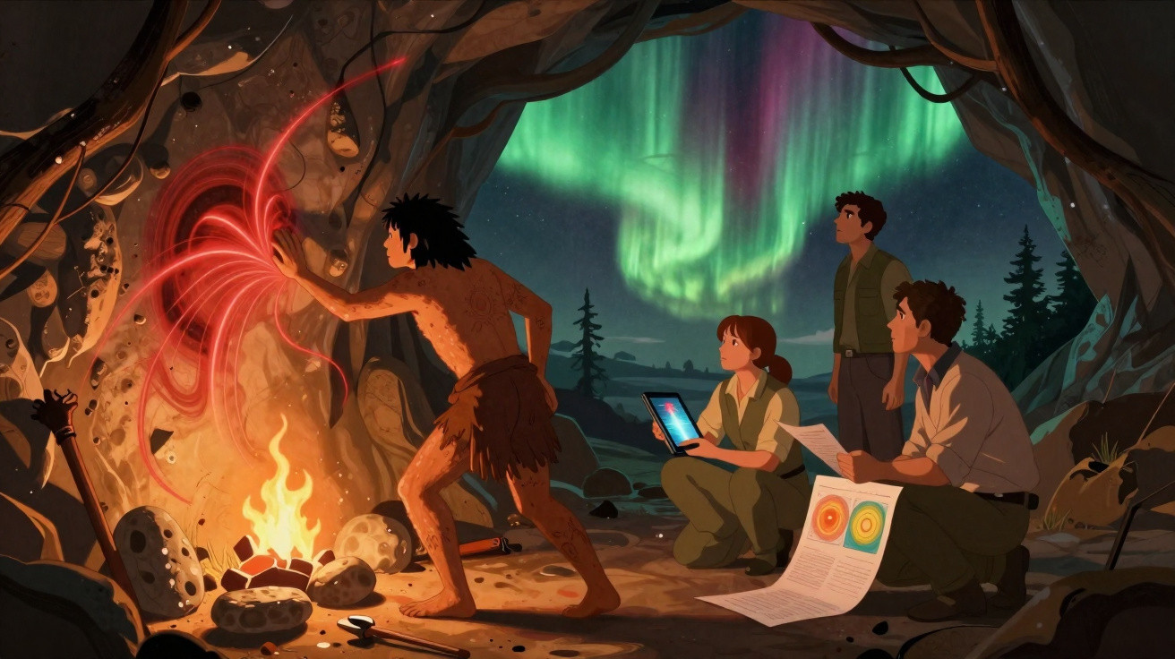 Cena animada de quatro pessoas numa caverna, com aurora boreal ao fundo e pinturas rupestres na parede.