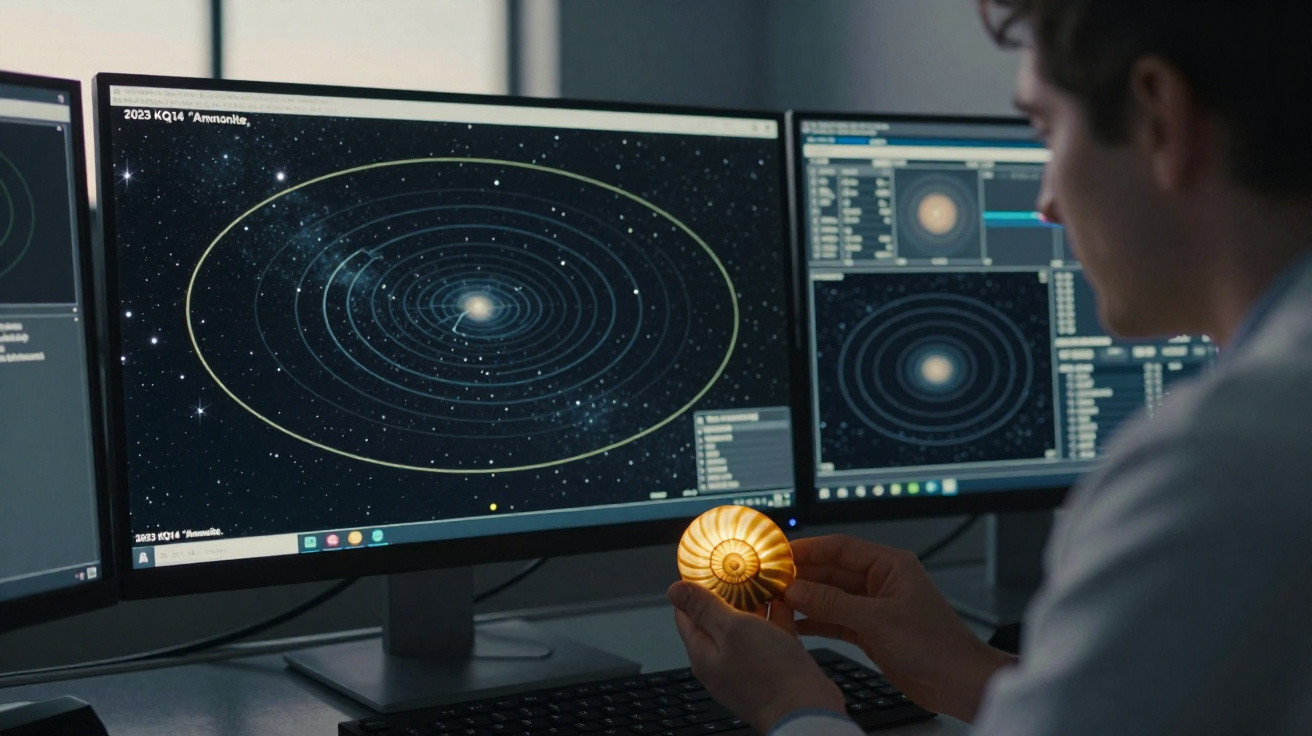 Pessoa com concha iluminada na mão observa mapas estelares em dois ecrãs de computador.