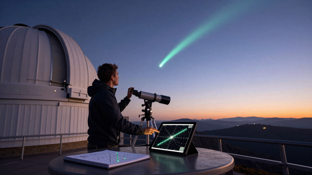 Astrónomo a observar com telescópio e computador a um cometa no céu ao entardecer perto de observatório.