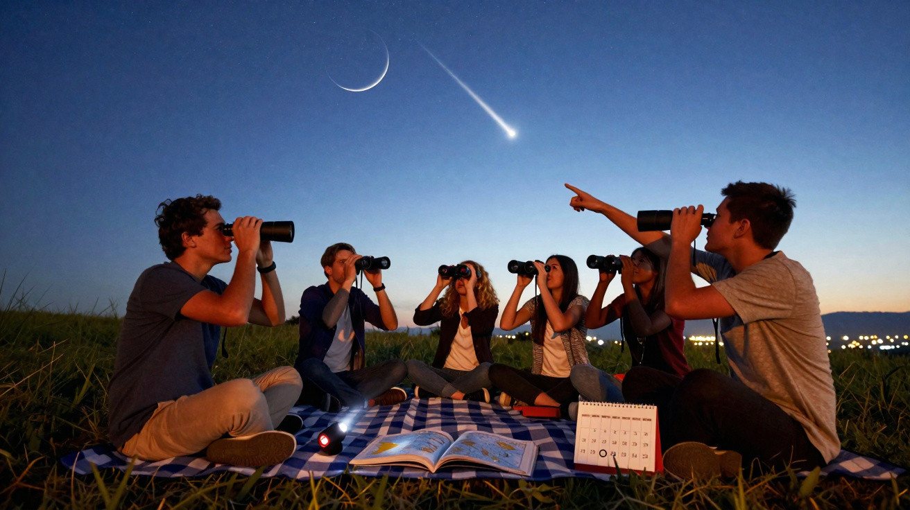 Grupo de jovens sentados no campo à noite, a observar o céu com binóculos e a apontar um meteoro.