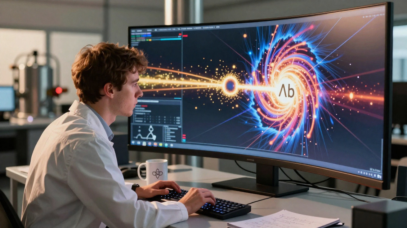 Homem jovem a trabalhar num computador com um ecrã curvo a mostrar visualização de dados científicos.