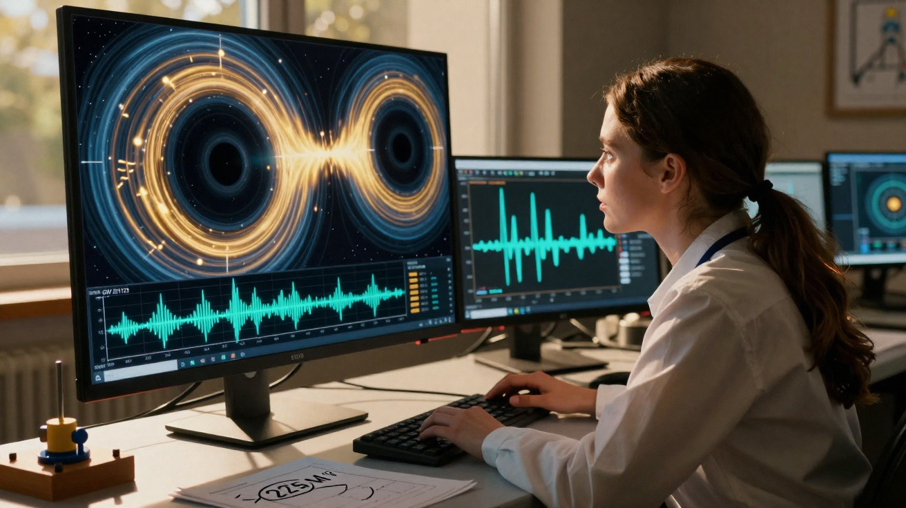 Mulher cientista analisa gráficos e visualizações digitais num computador num ambiente de laboratório.