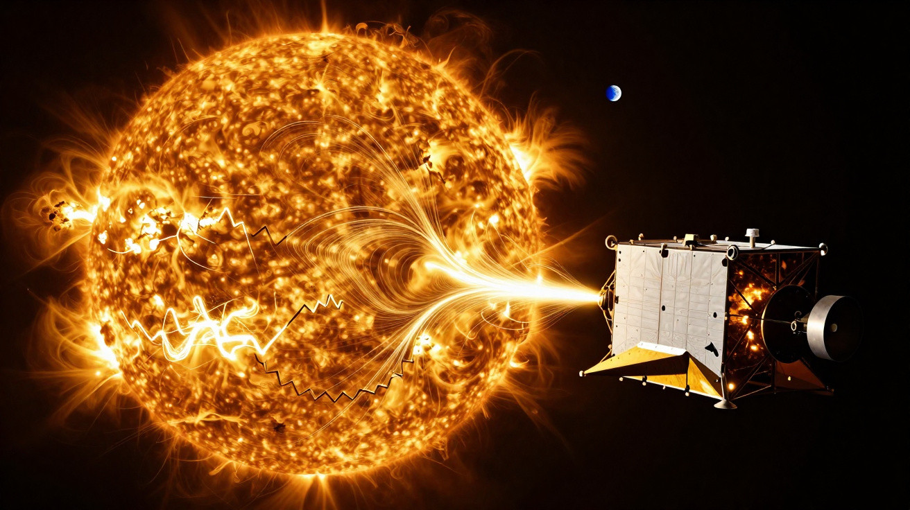 Nave espacial a estudar o Sol com a Terra ao fundo no espaço escuro.
