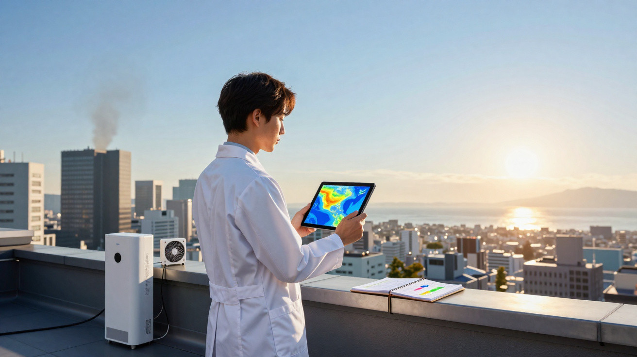 Pessoa com bata branca a usar tablet para analisar dados meteorológicos numa varanda com vista para cidade ao pôr do sol.