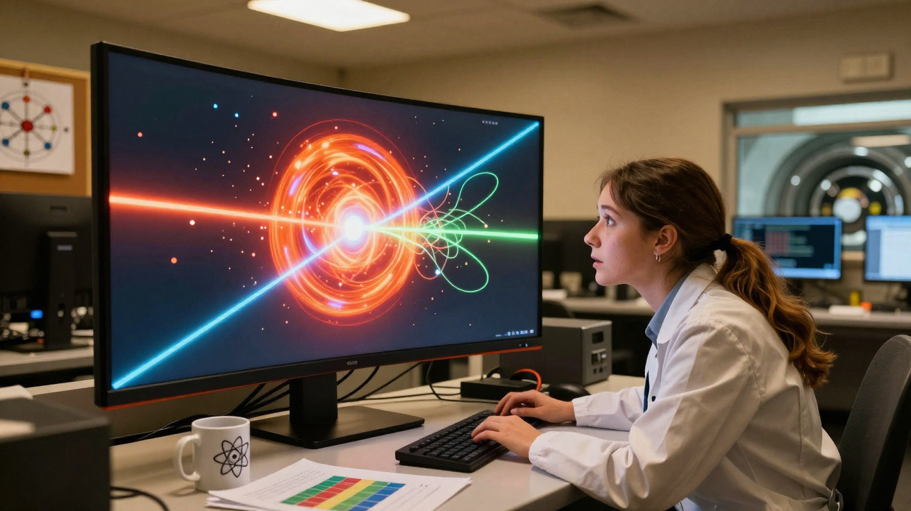 Mulher cientista a analisar gráficos e simulações num computador num laboratório moderno.