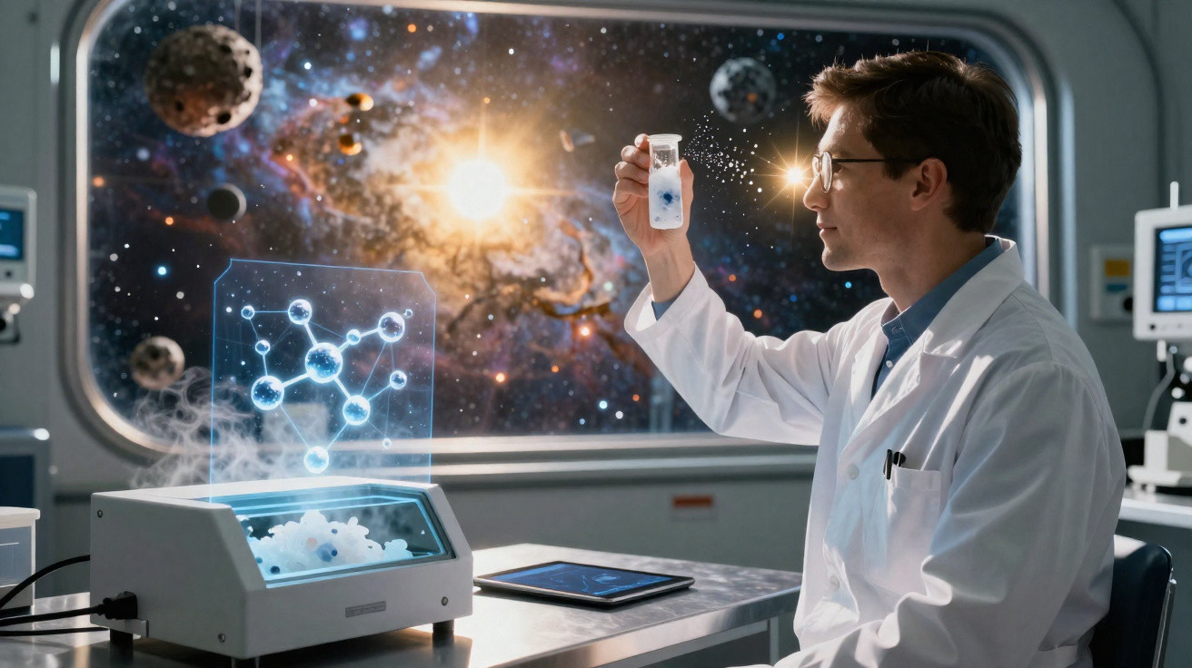 Cientista num laboratório a analisar substância numa proveta com o espaço e planetas visíveis ao fundo.