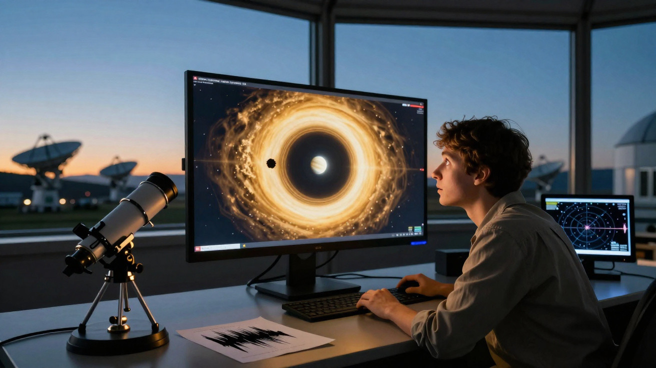 Jovem observa imagem de buraco negro no computador, com telescópio e antenas de satélite ao fundo ao pôr do sol.