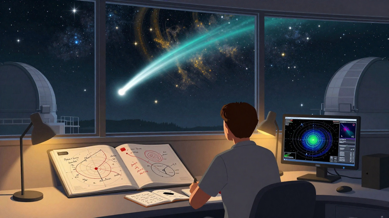 Pessoa a observar um cometa brilhante através da janela de um observatório com livros e computador à sua frente.