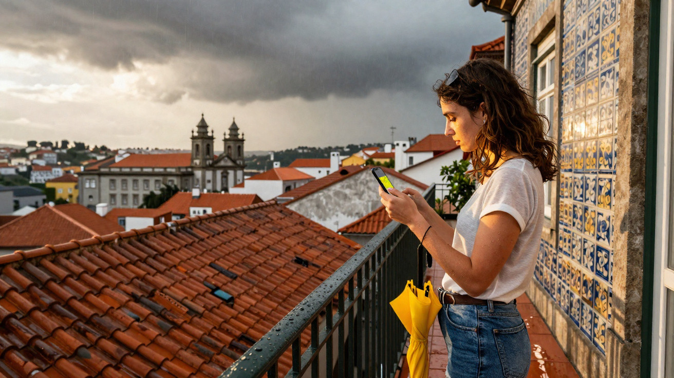 Mulher com guarda-chuva amarelo olha para telemóvel numa varanda com vista para telhados e igreja.