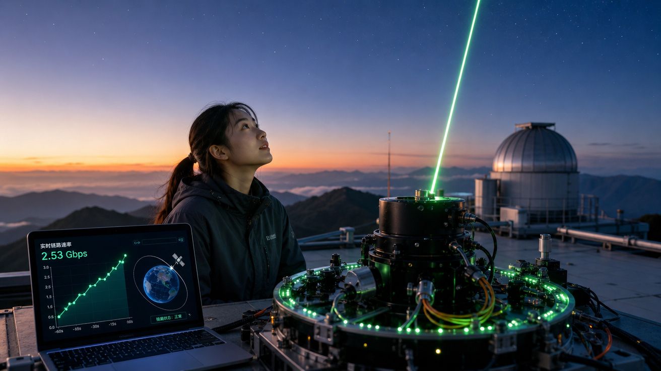 Mulher observa feixe laser verde em equipamento tecnológico no topo de montanha ao pôr do sol.