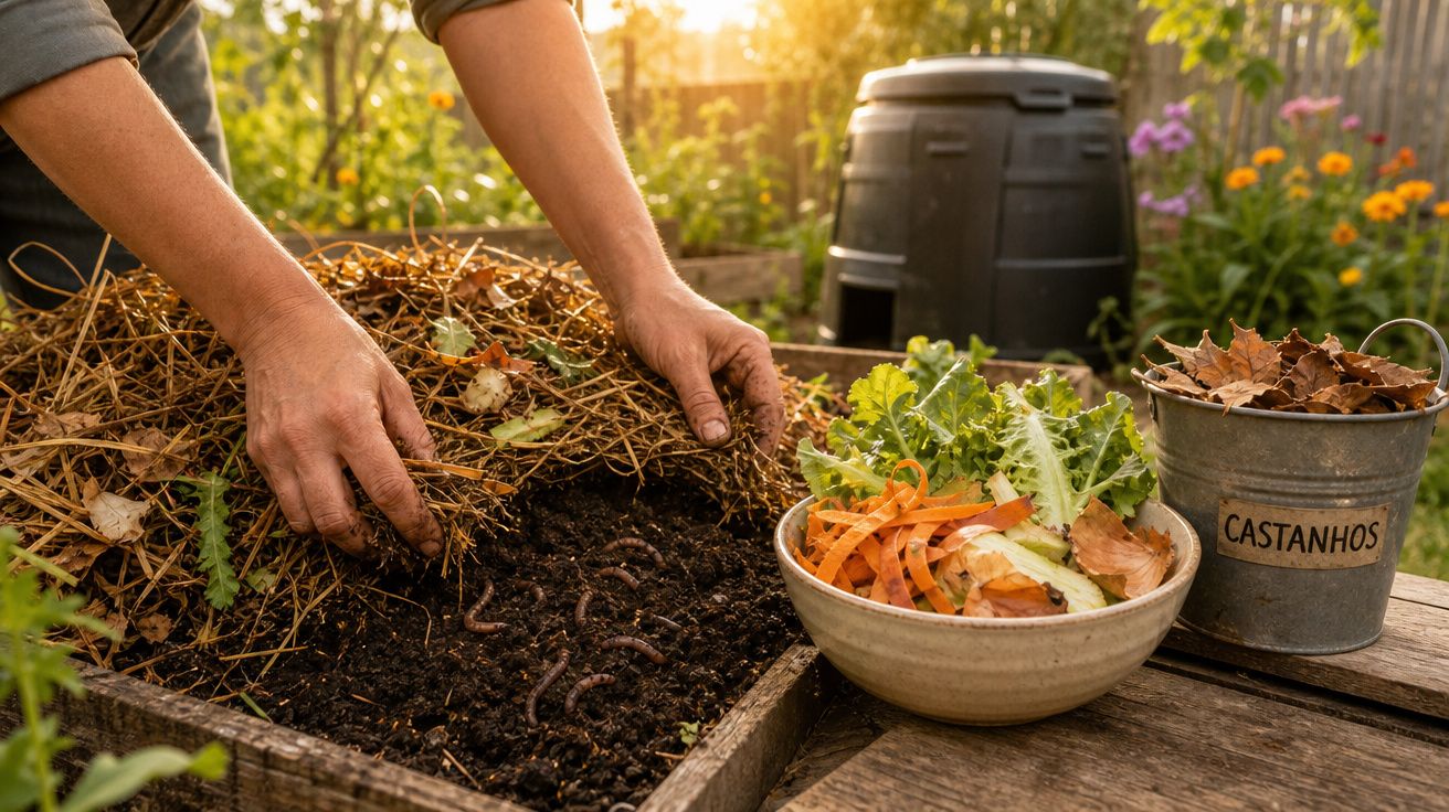 Mãos de pessoa a fazer compostagem com restos de legumes, folhas secas e minhocas numa caixa de madeira no jardim.