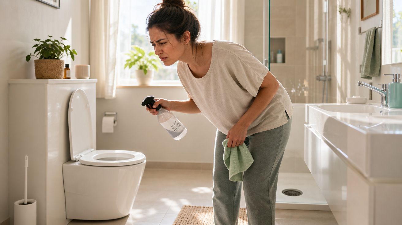 Mulher a limpar a sanita na casa de banho segurando spray e pano, com expressão de concentração.