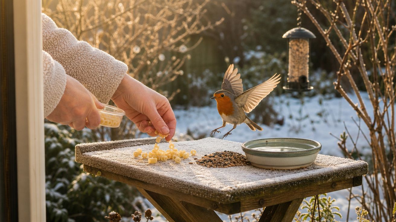 Pessoa a alimentar um passarinho durante o inverno num pequeno terraço com neve.