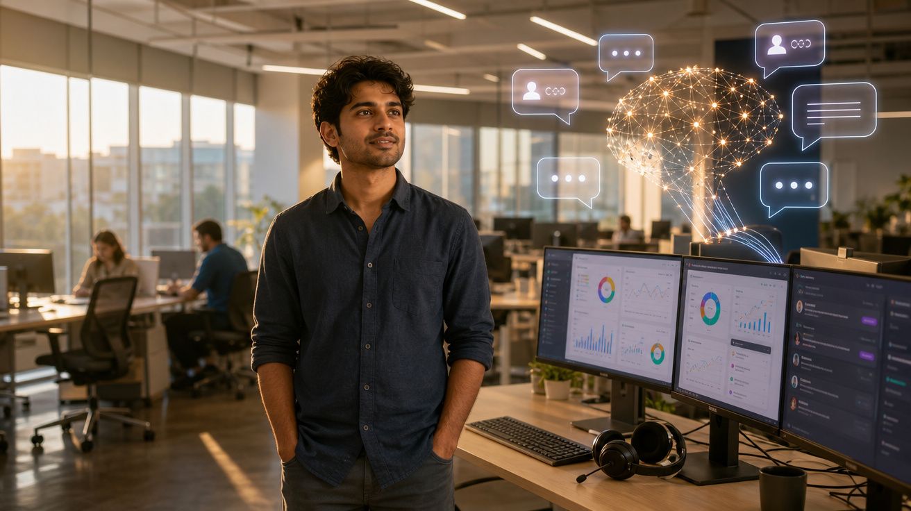 Homem em escritório moderno com monitores de computador exibindo gráficos e ícones de cérebro digital e mensagens flutuantes.