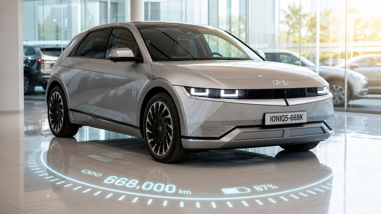 Carro elétrico Hyundai Ioniq 5 cinzento numa exposição, mostrado com interface digital de autonomia e quilometragem.