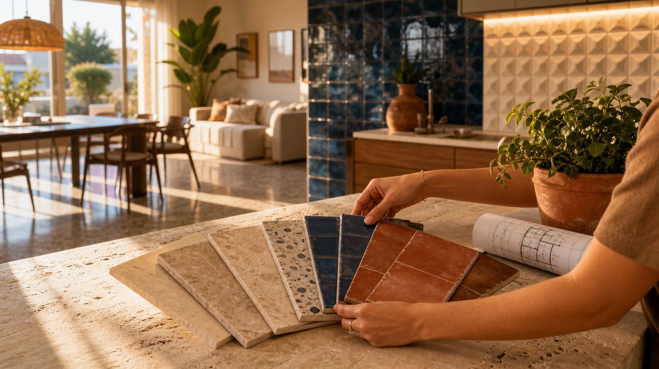 Pessoa a escolher entre várias amostras de azulejos numa bancada em sala iluminada e moderna.