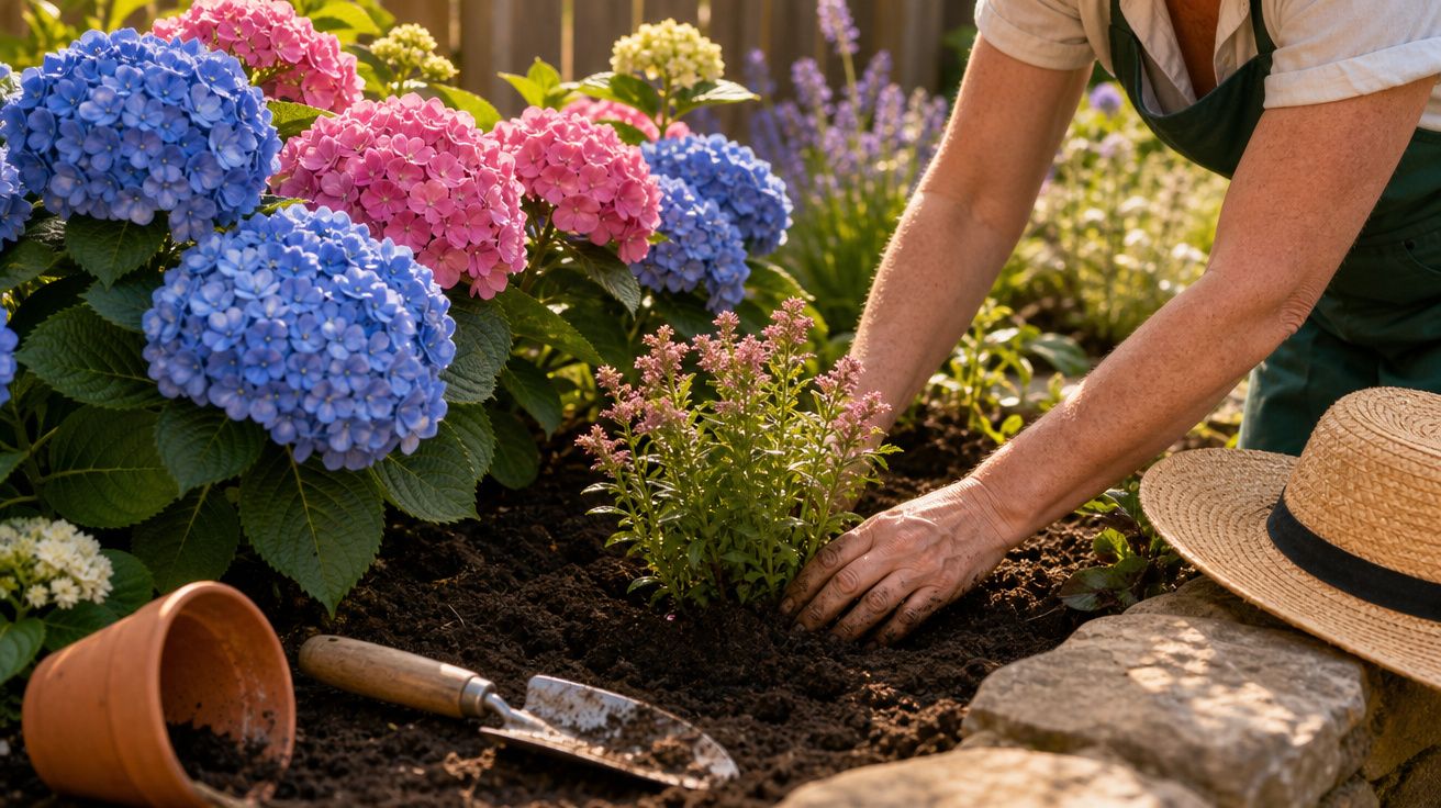 Pessoa a plantar flores em solo de jardim com hortênsias coloridas e ferramentas de jardinagem.