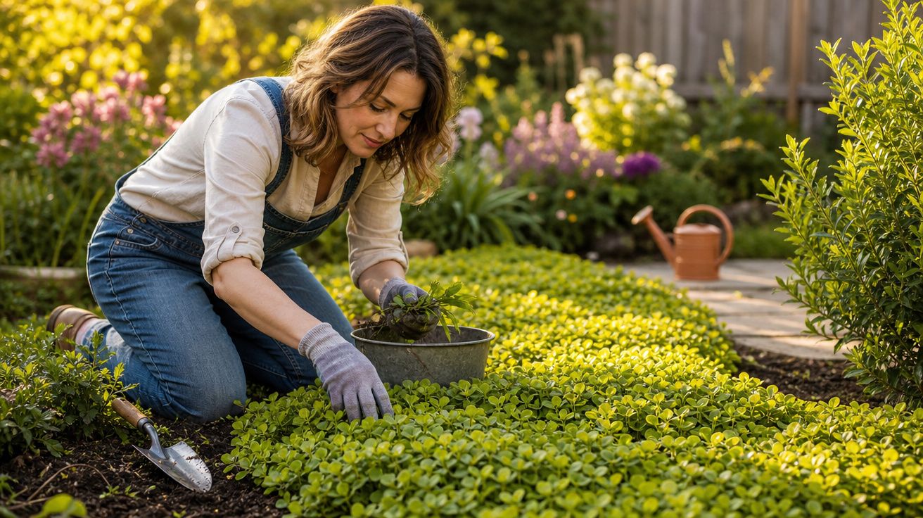 Mulher a cuidar de plantas num jardim ensolarado, com luvas e ferramentas de jardinagem.