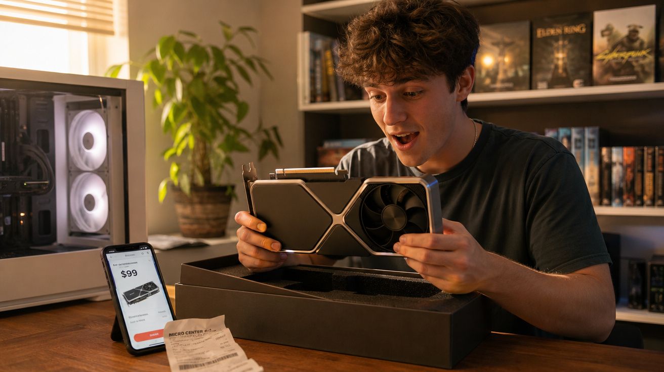 Jovem surpreendido segura placa gráfica nova, computador e telemóvel com produto à venda em secretária.