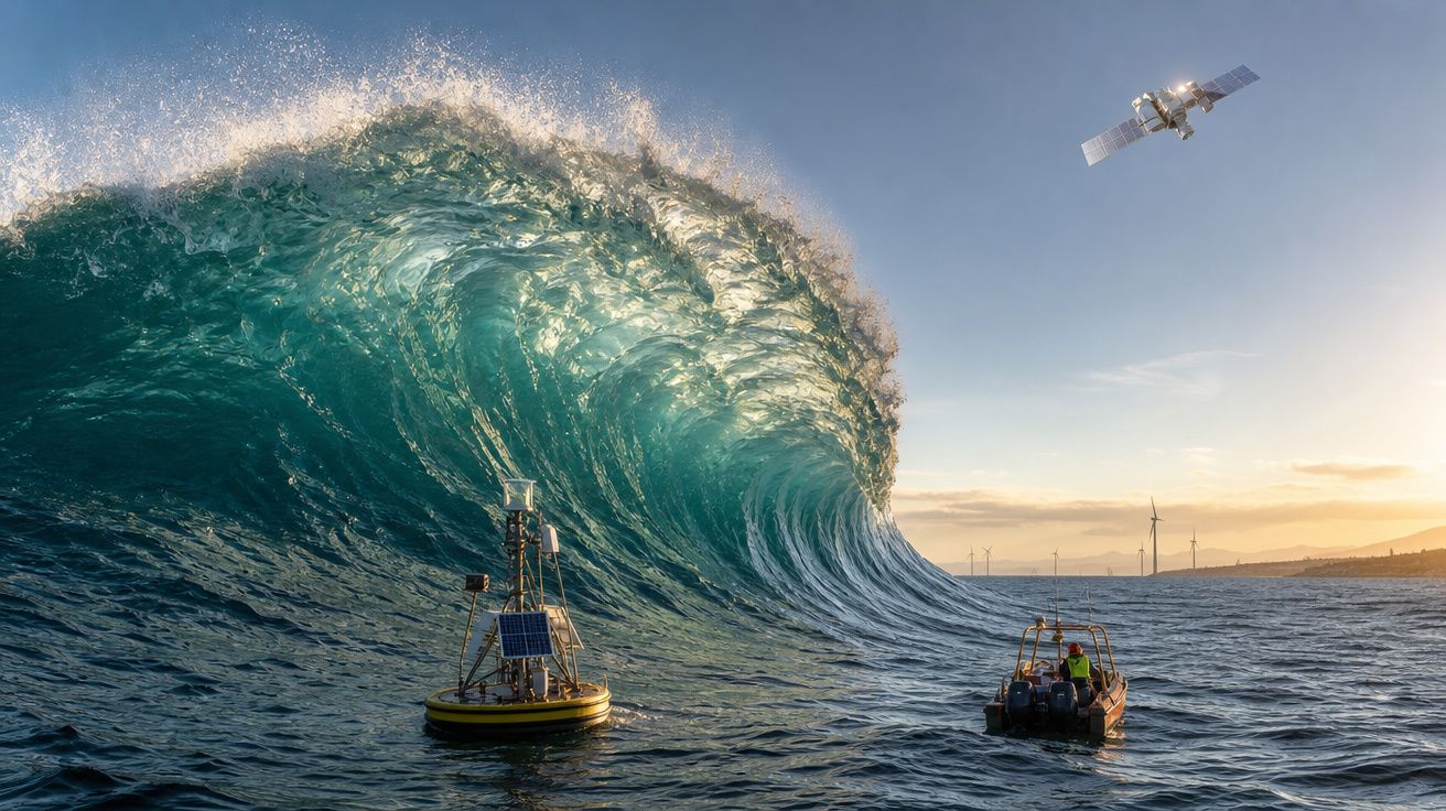 Grande onda azul perto de duas embarcações e um satélite sobrevoando, com turbinas eólicas ao fundo ao pôr do sol.