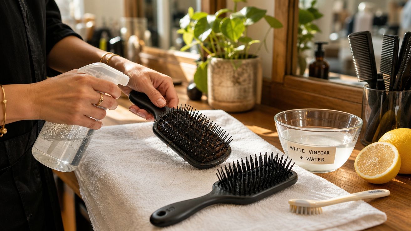 Pessoa a limpar uma escova de cabelo com spray perto de um tigela com vinagre branco e água e limões numa mesa.