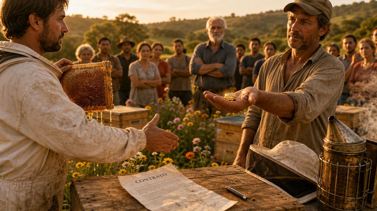 Dois homens trocam mel e cumprimentos junto a colmeias, com grupo de pessoas a observar ao fundo ao pôr do sol.
