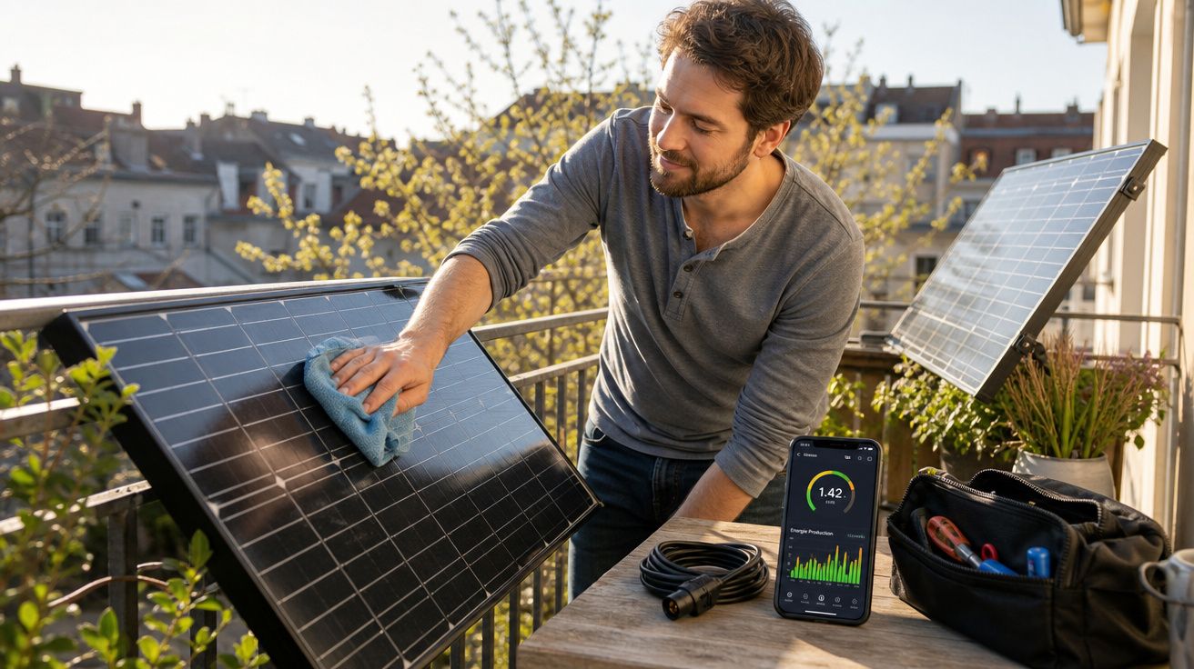 Homem limpa painel solar num terraço com smartphone a mostrar produção de energia.