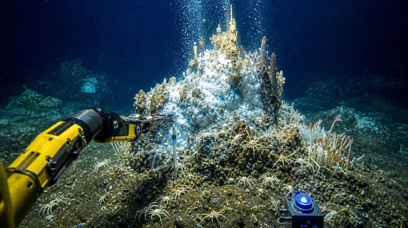 Braço robótico a explorar fonte hidrotermal no fundo do oceano rodeada de crustáceos.