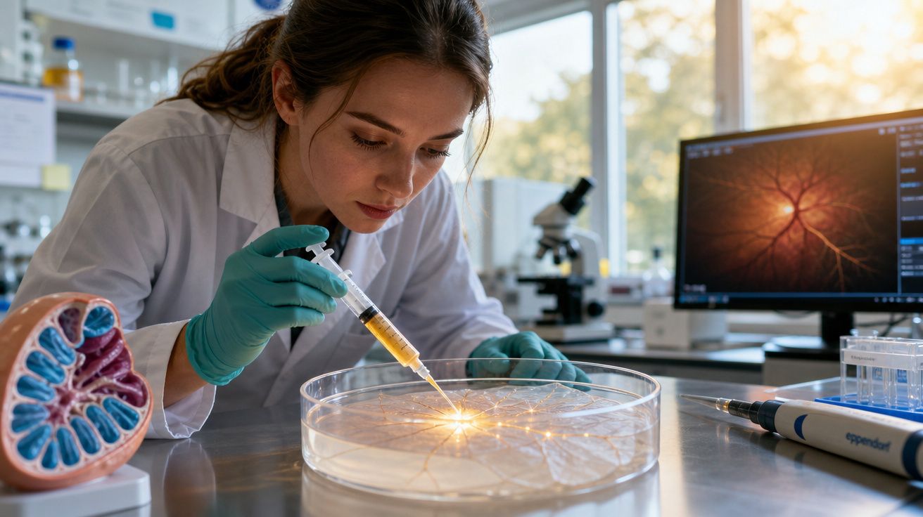 Cientista a injetar líquido numa cultura em placa de Petri, com microscópio e ecrã de neurónios ao fundo.