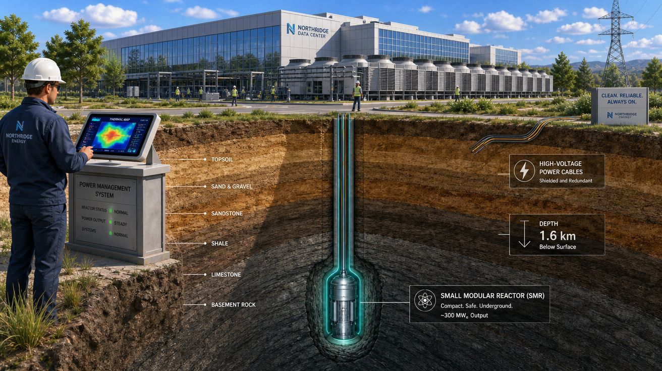 Trabalhador com capacete controla central de energia nuclear com reator modular subterrâneo próximo a data center.