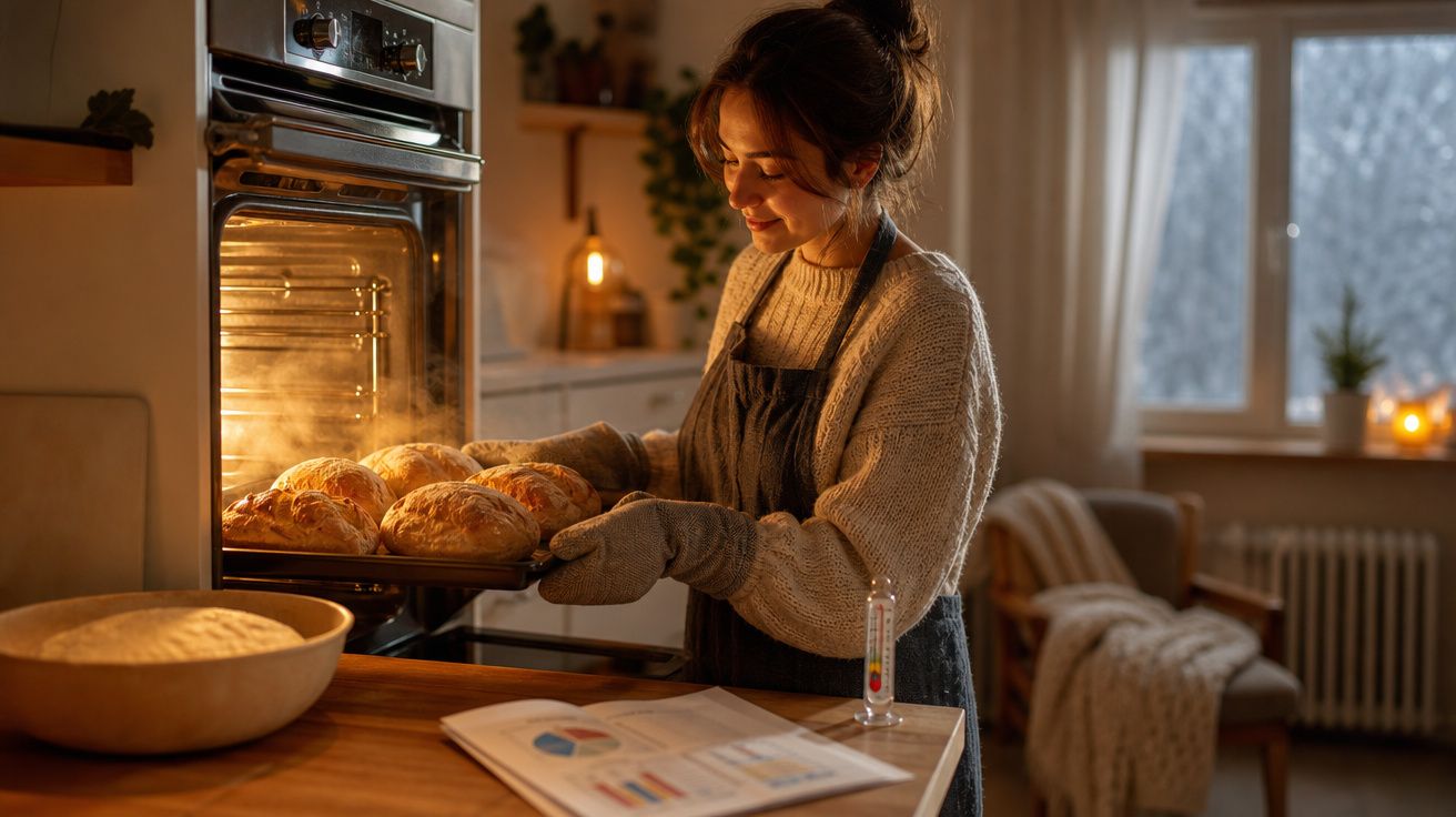 Mulher a retirar pão caseiro quente do forno numa cozinha acolhedora iluminada por luz quente.