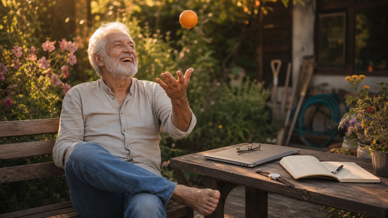 Homem idoso sorridente a jogar com uma laranja sentado num banco de madeira num jardim ensolarado.