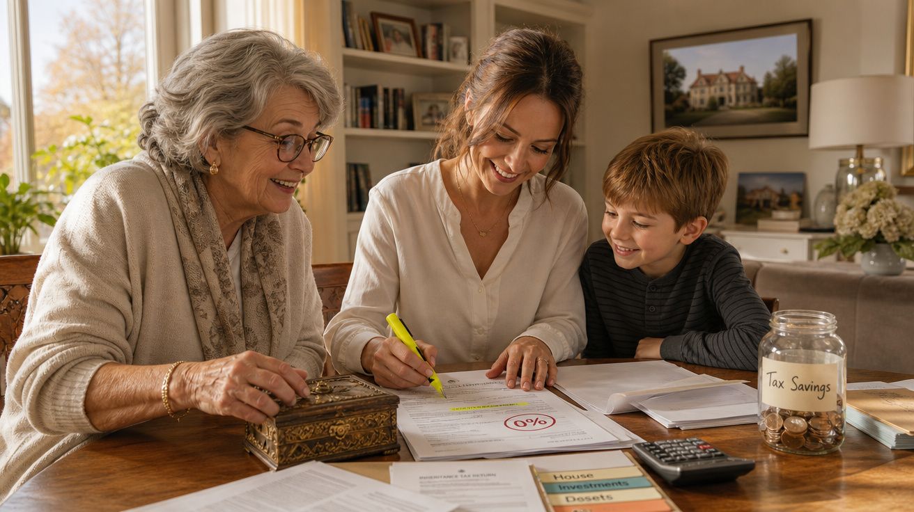 Mulher idosa, mulher adulta e menino sentados à mesa a revisar documentos financeiros com sorriso.