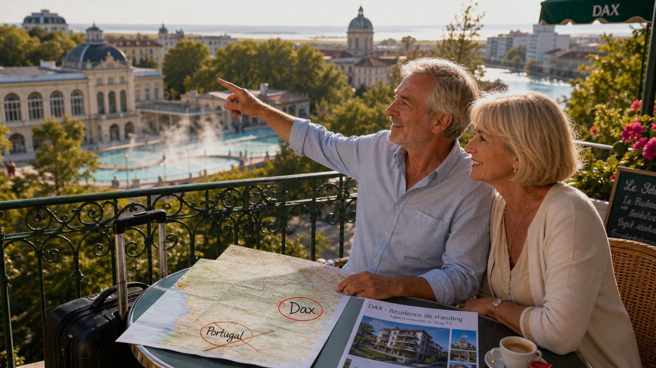 Casal sénior numa esplanada a olhar para a paisagem, com mapa e folhetos turísticos na mesa.