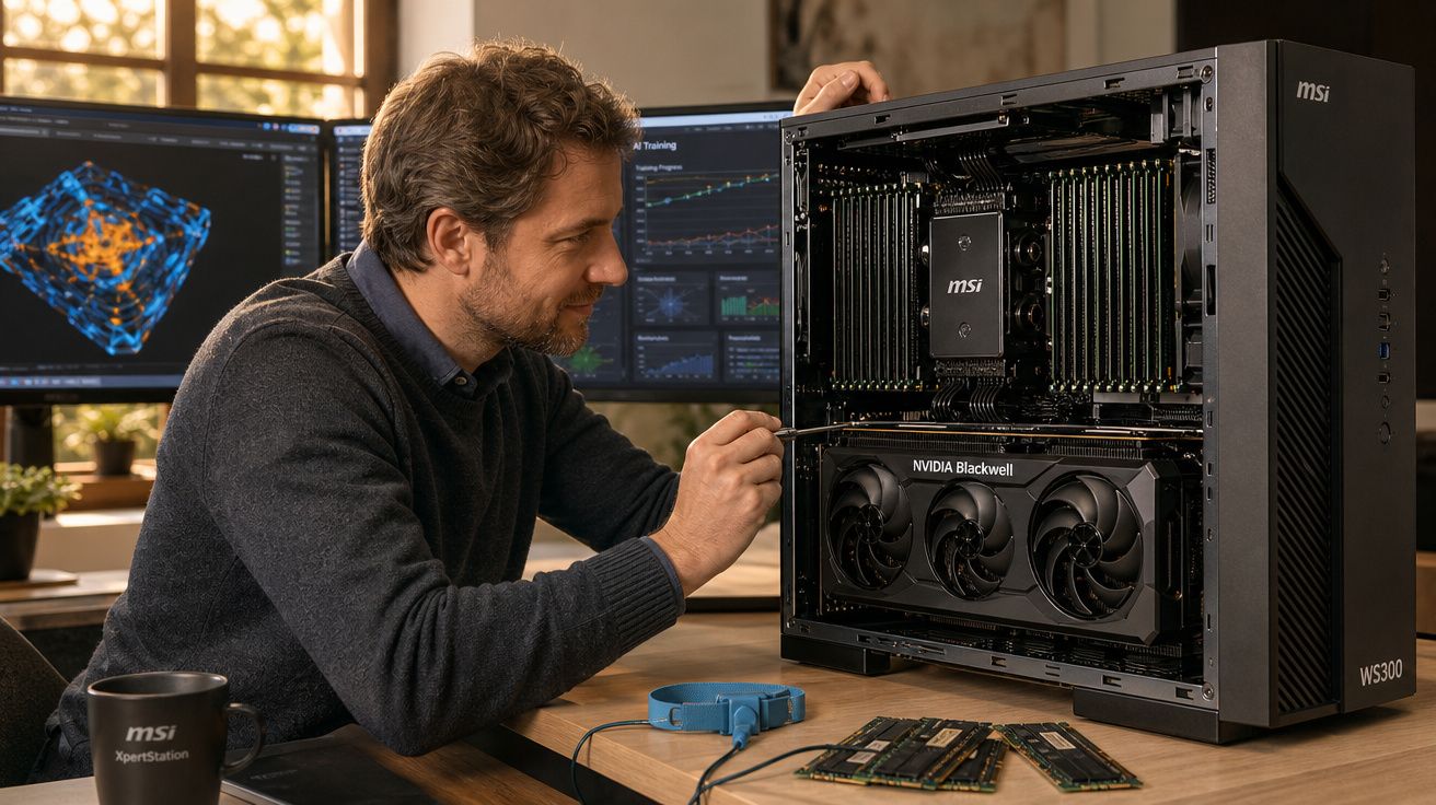 Homem a montar ou reparar computador de grande potência com componentes MSI e gráfica NVIDIA Blackwell.