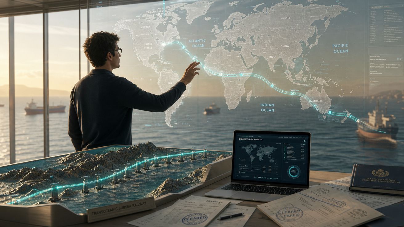 Homem interage com mapa digital de rotas ferroviárias transoceânicas numa sala com vista para barcos no mar.