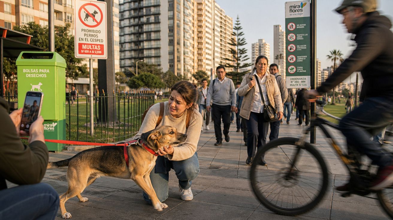 Mulher agachada com cão preso à trela em calçada urbana movimentada com pessoas e ciclista a passar.