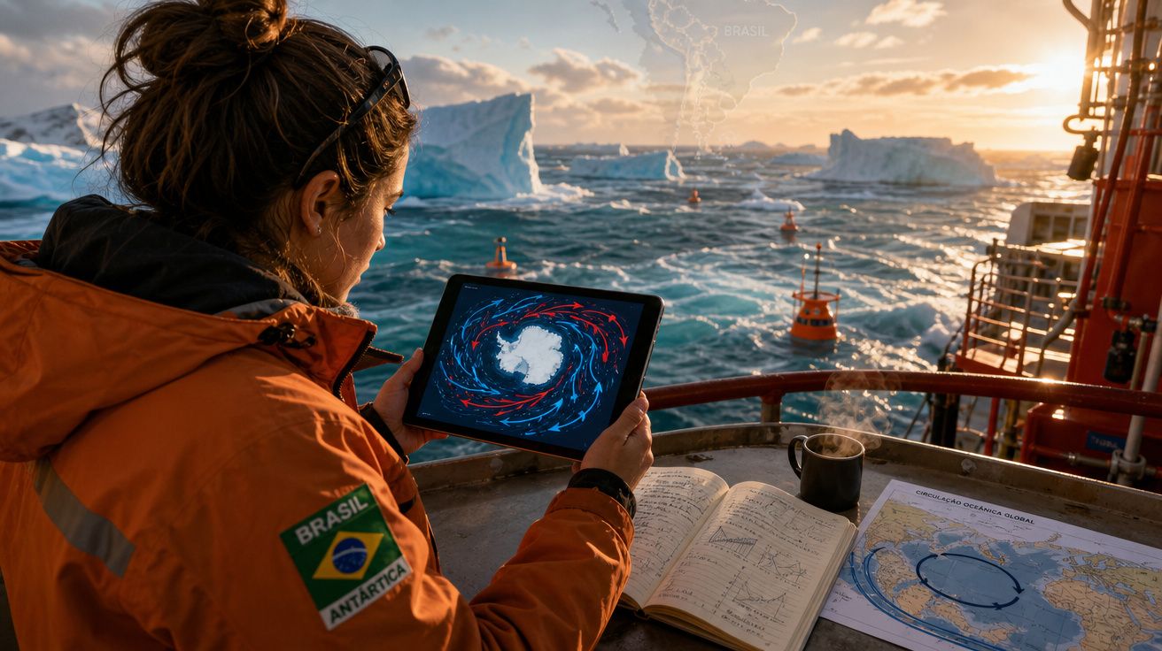 Pessoa com casaco laranja no convés de navio a analisar dados do oceano em tablet, mapa e caderno, rodeada por icebergs.