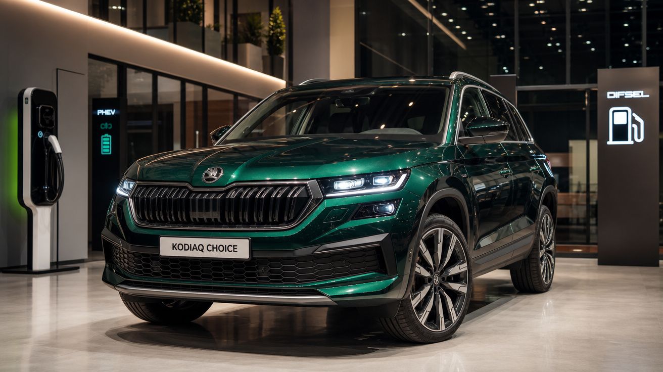 Carro SUV verde Skoda Kodiaq Choice estacionado em interior moderno com estação de carregamento elétrico.