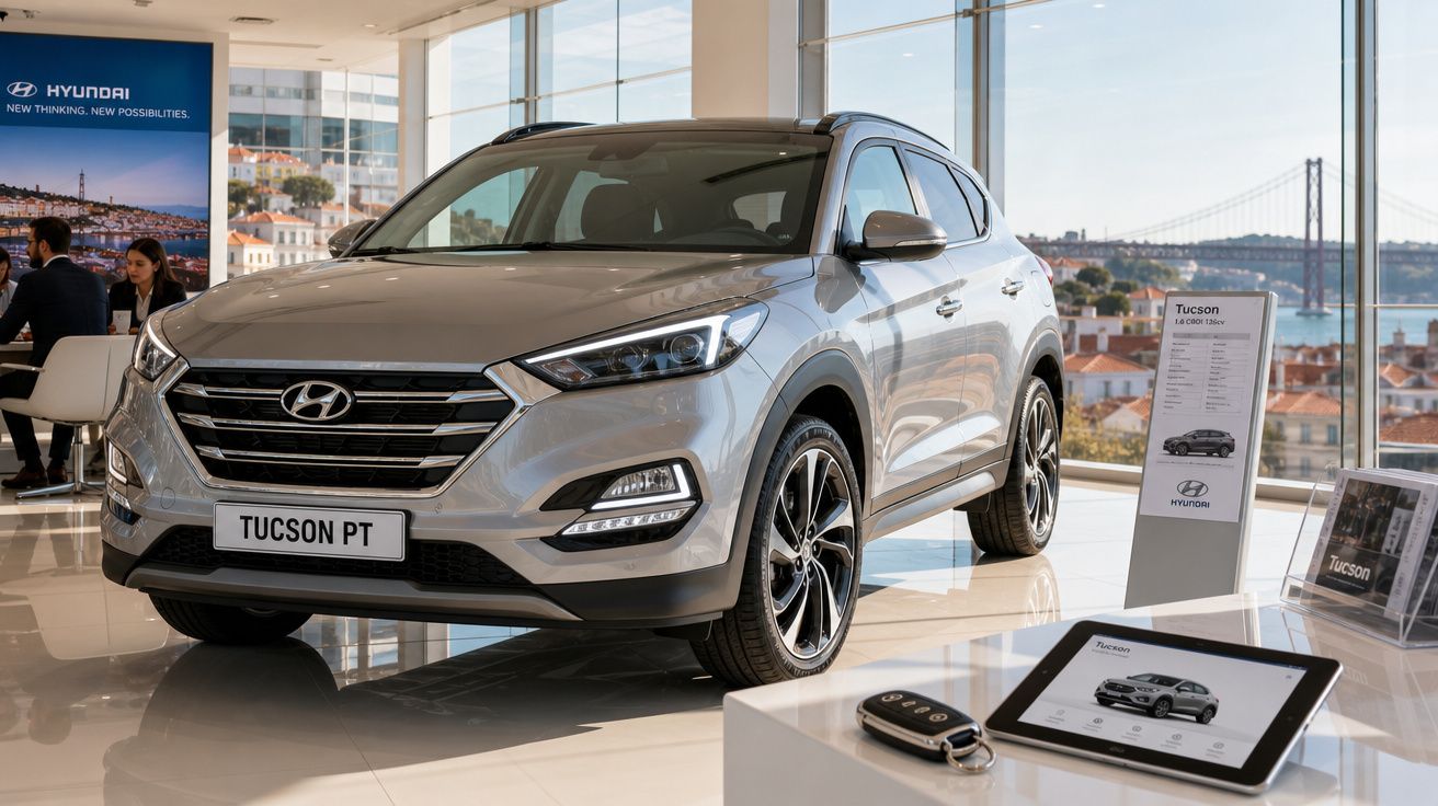 Automóvel Hyundai Tucson cinzento exposto em concessionária com vista urbana e ponte ao fundo.