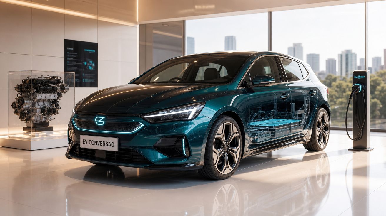 Carro elétrico azul em exposição com destaque para a bateria visível na lateral e posto de carregamento.