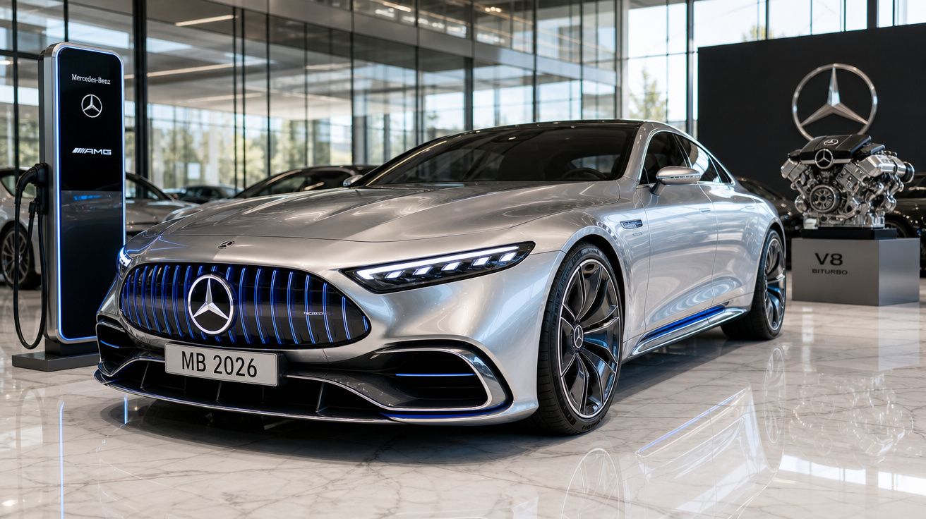 Carro desportivo Mercedes-Benz prateado estacionado em showroom moderno com motor V8 em exposição.