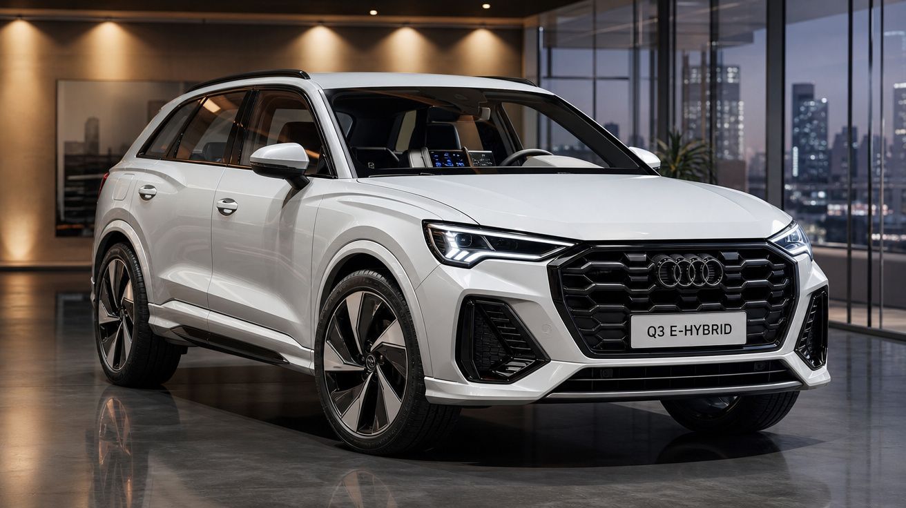 Audi Q3 E-Hybrid branco estacionado em ambiente interior moderno com iluminação suave.